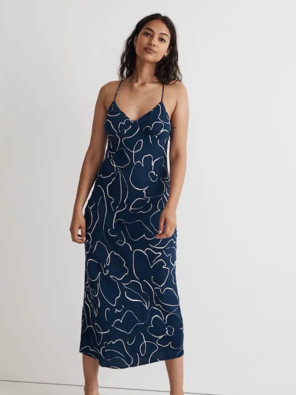 Madewell Navy Slip Midi Dress With White Floral Outline